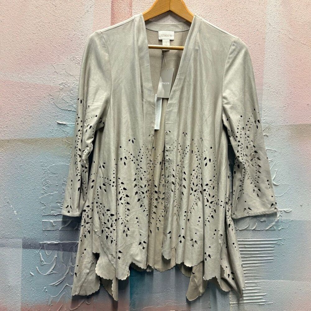 Chico's Faux Suede Sand Open Face Cardigan NWT Preppy Luxury Boho Hippie Coastal